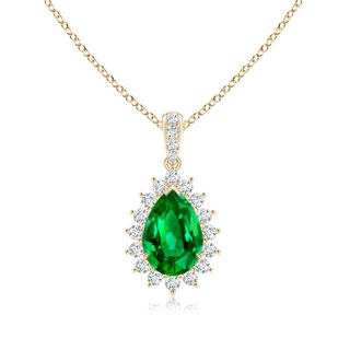 9x6mm AAAA Claw-Set Pear Emerald and Diamond Floral Pendant in Yellow Gold