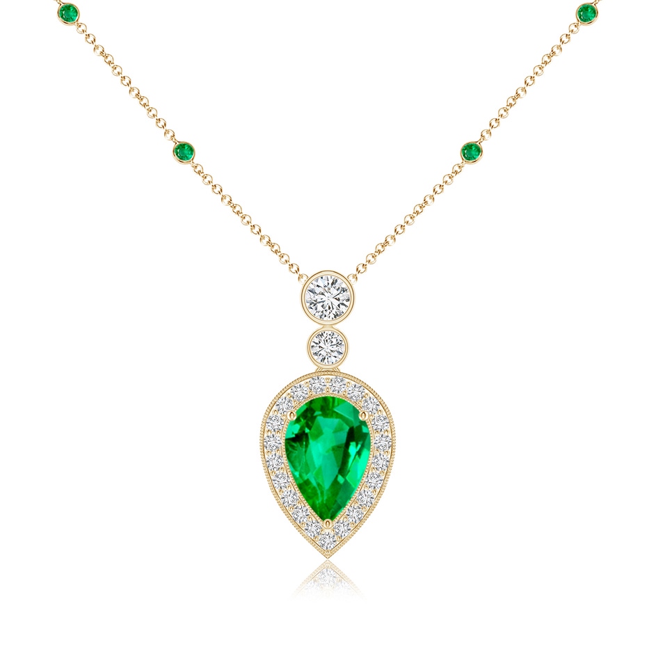 9x6mm AAA Inverted Pear Emerald Necklace with Diamonds in Yellow Gold 