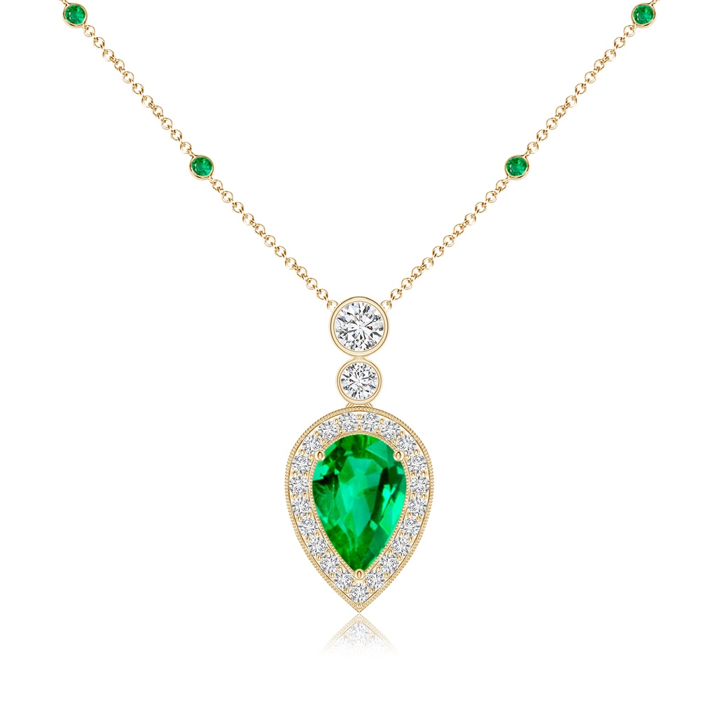 9x6mm AAA Inverted Pear Emerald Necklace with Diamonds in Yellow Gold