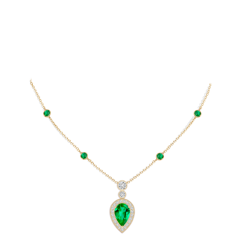 9x6mm AAA Inverted Pear Emerald Necklace with Diamonds in Yellow Gold pen