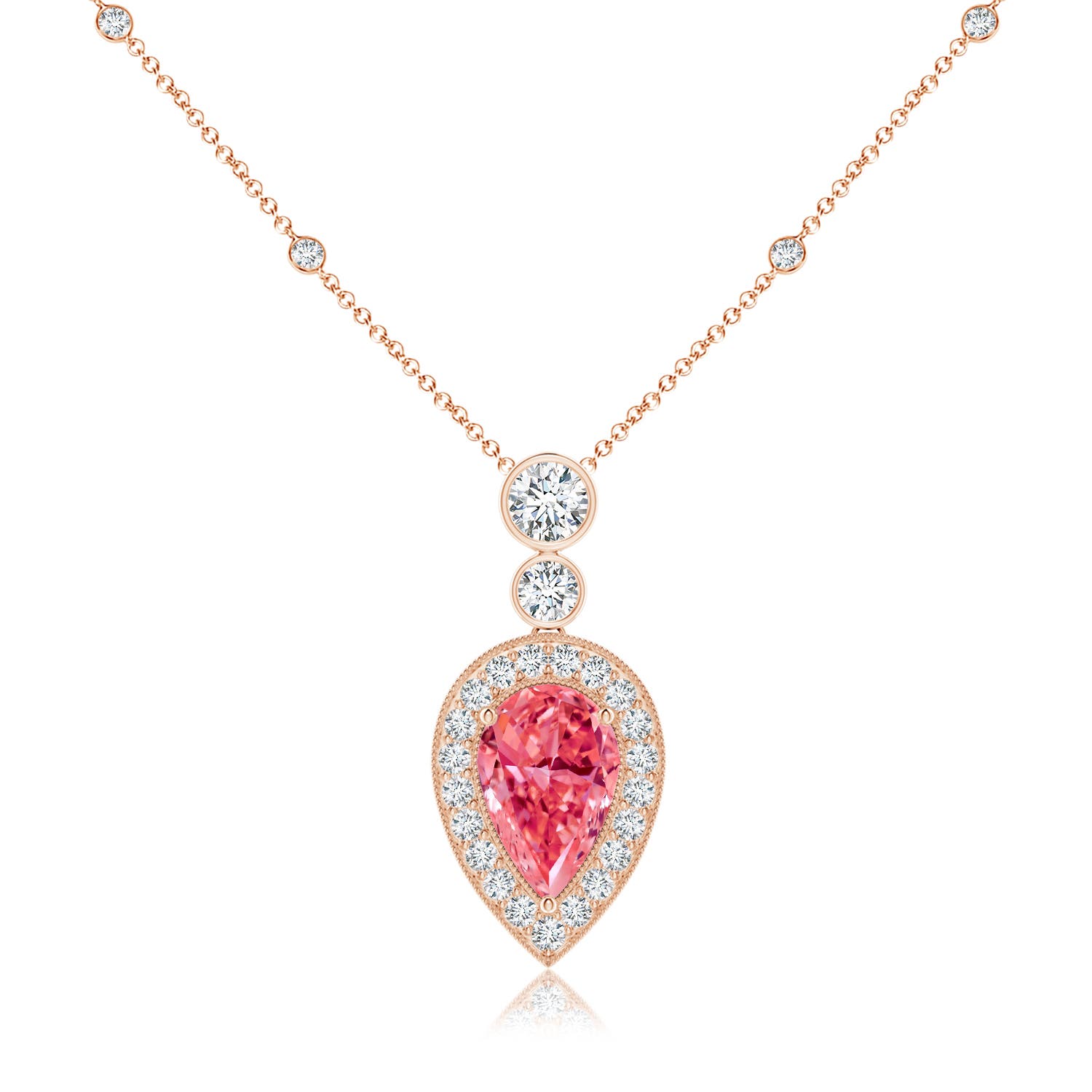 Angara 3.85 CTW Inverted Pear Fancy Intense Pink Diamond Necklace in 18K Rose Gold