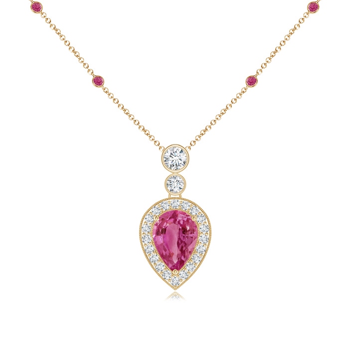 7x5mm AAAA Inverted Pear Pink Sapphire Necklace with Diamonds in Yellow Gold 