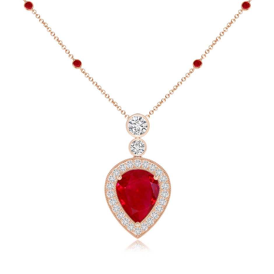 10x8mm AAA Inverted Pear Ruby Necklace with Diamonds in Rose Gold 
