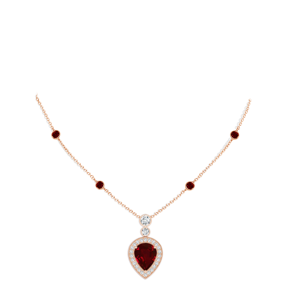 10x8mm AAAA Inverted Pear Ruby Necklace with Diamonds in Rose Gold pen