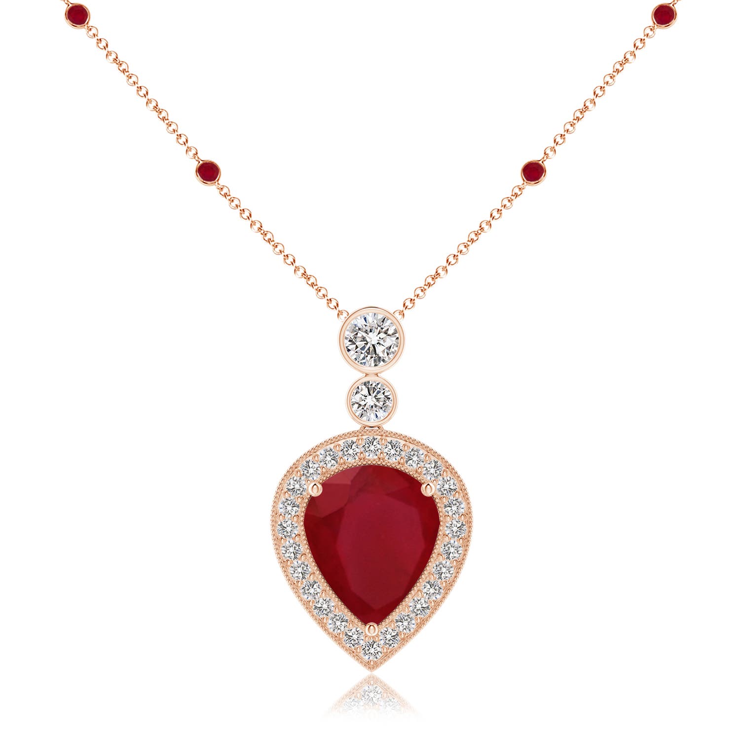 Angara 7.18 CTW Inverted Pear Ruby Necklace with Diamonds in 14K Rose Gold