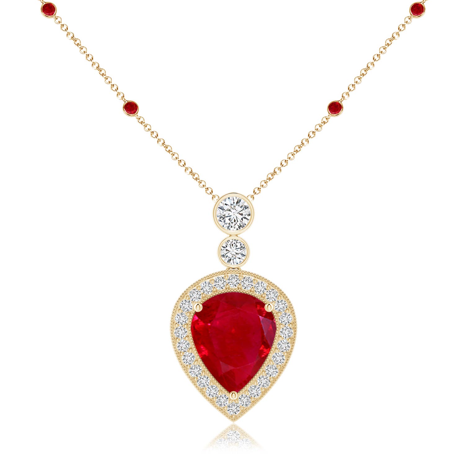 Angara 7.18 CTW Inverted Pear Ruby Necklace with Diamonds in 18K Yellow Gold