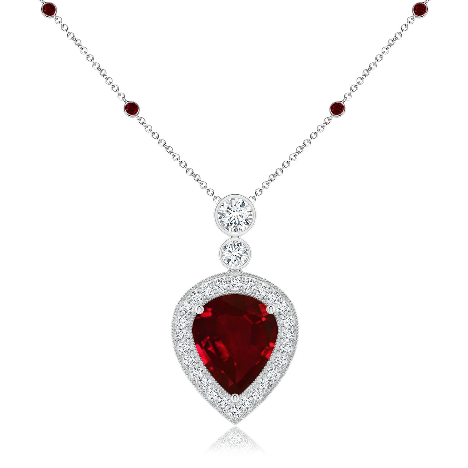 Angara 7.18 CTW Inverted Pear Ruby Necklace with Diamonds in 18K White Gold