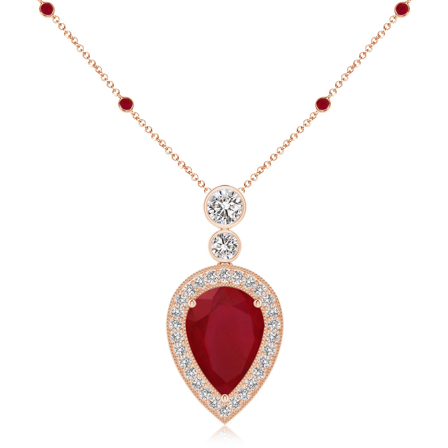 Angara 9.47 CTW Inverted Pear Ruby Necklace with Diamonds in 14K Rose Gold