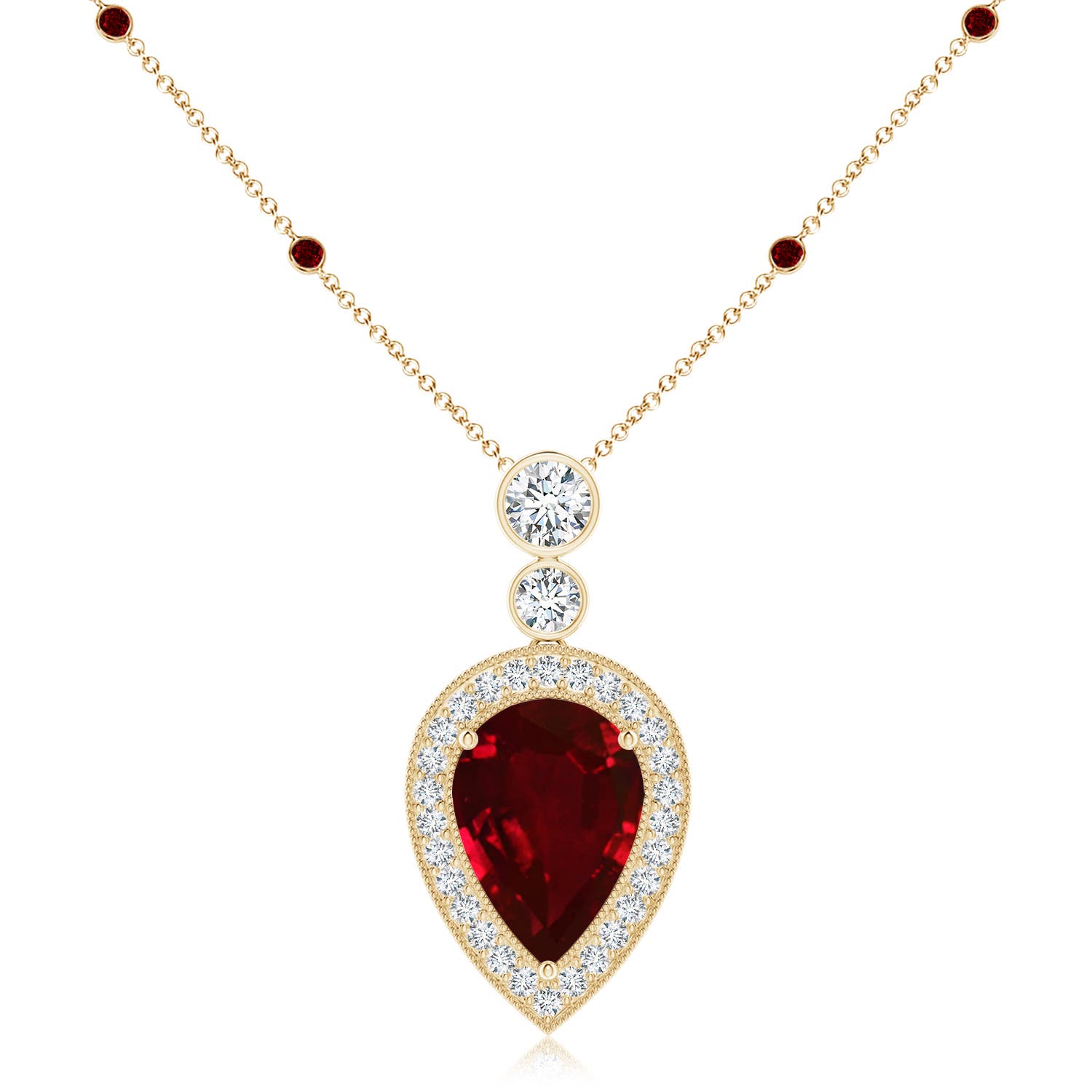 Angara 9.47 CTW Inverted Pear Ruby Necklace with Diamonds in 14K Yellow Gold