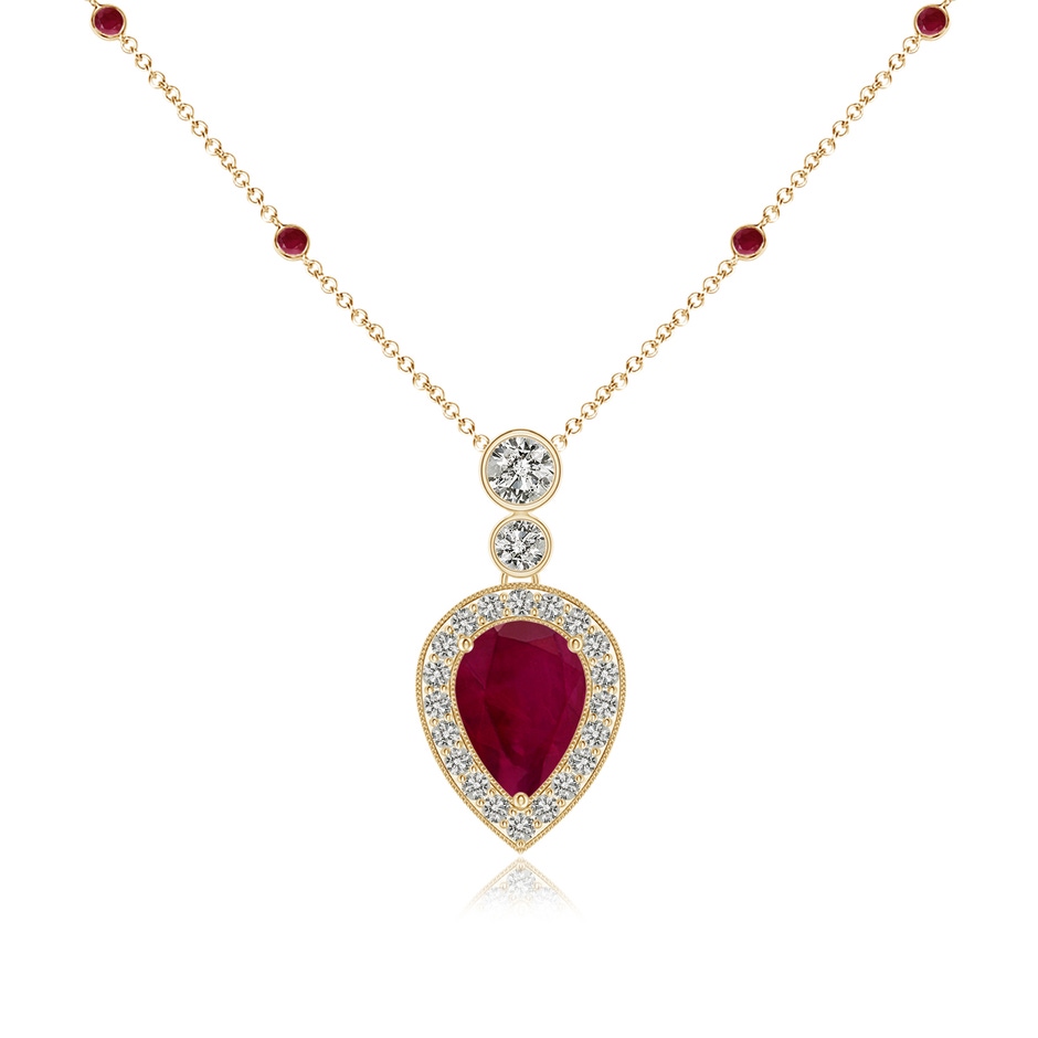 7x5mm A Inverted Pear Ruby Necklace with Diamonds in Yellow Gold 