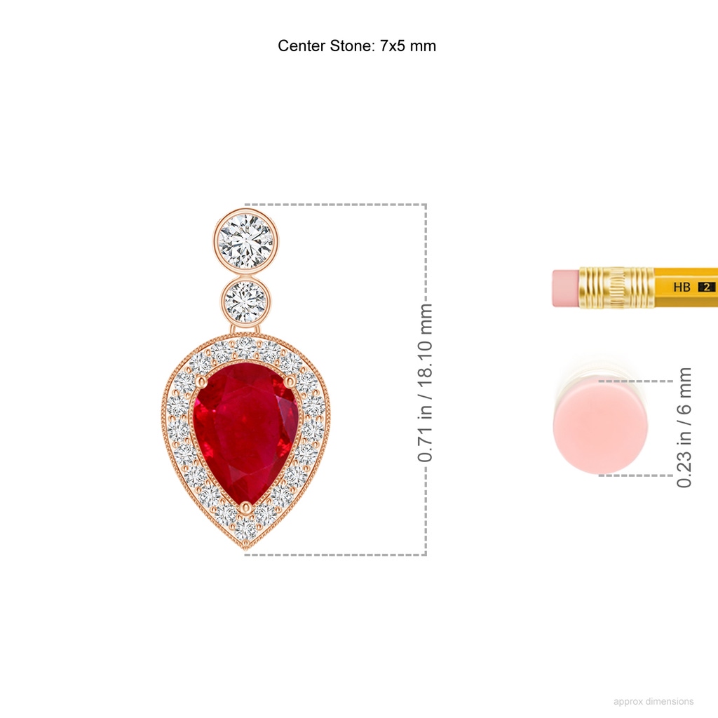 7x5mm AAA Inverted Pear Ruby Necklace with Diamonds in Rose Gold ruler