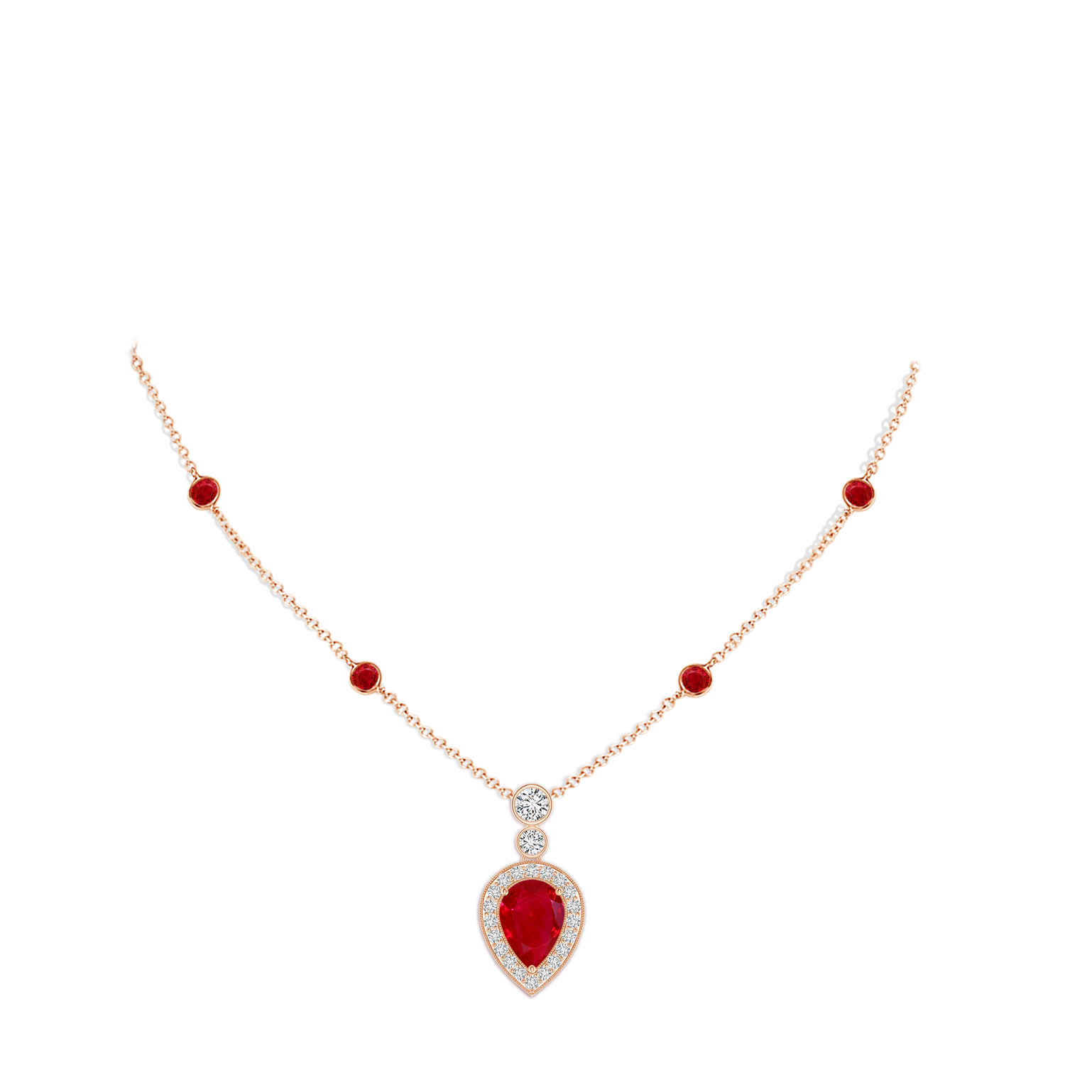 7x5mm AAA Inverted Pear Ruby Necklace with Diamonds in Rose Gold - body_neck