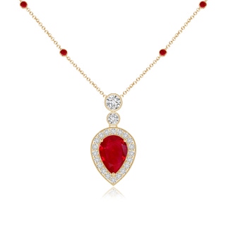 7x5mm AAA Inverted Pear Ruby Necklace with Diamonds in Yellow Gold