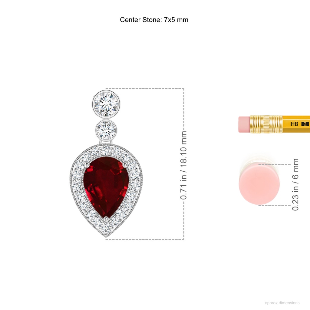 7x5mm AAAA Inverted Pear Ruby Necklace with Diamonds in P950 Platinum ruler