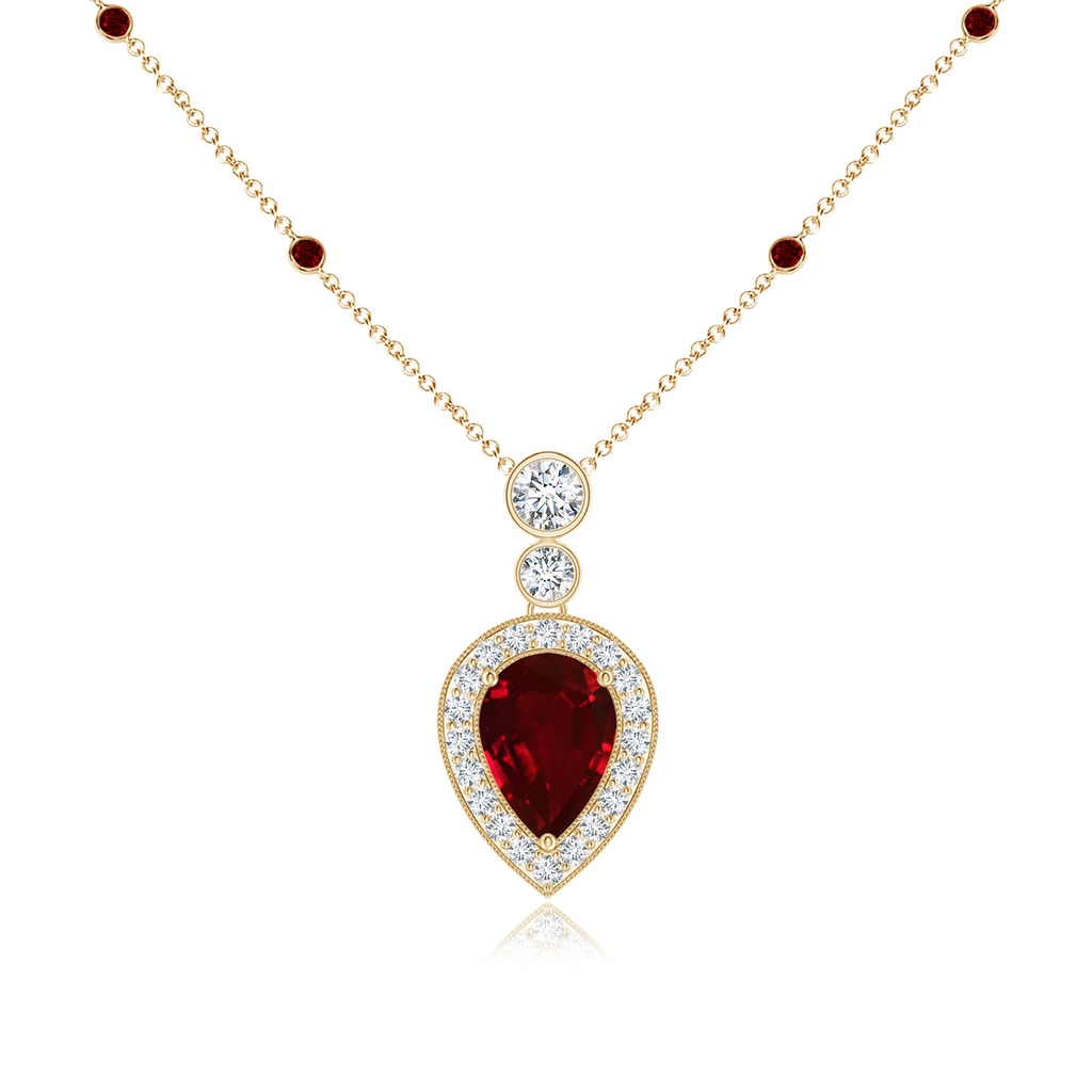 7x5mm AAAA Inverted Pear Ruby Necklace with Diamonds in Yellow Gold