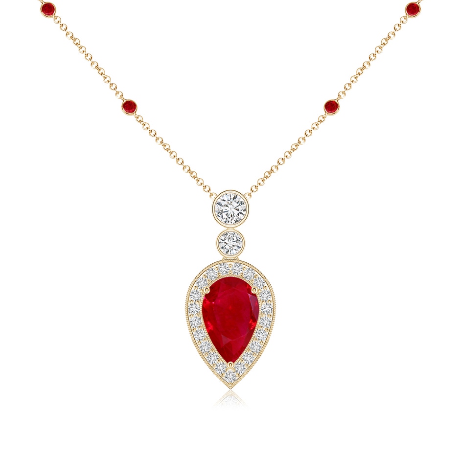 8x5mm AAA Inverted Pear Ruby Necklace with Diamonds in Yellow Gold 