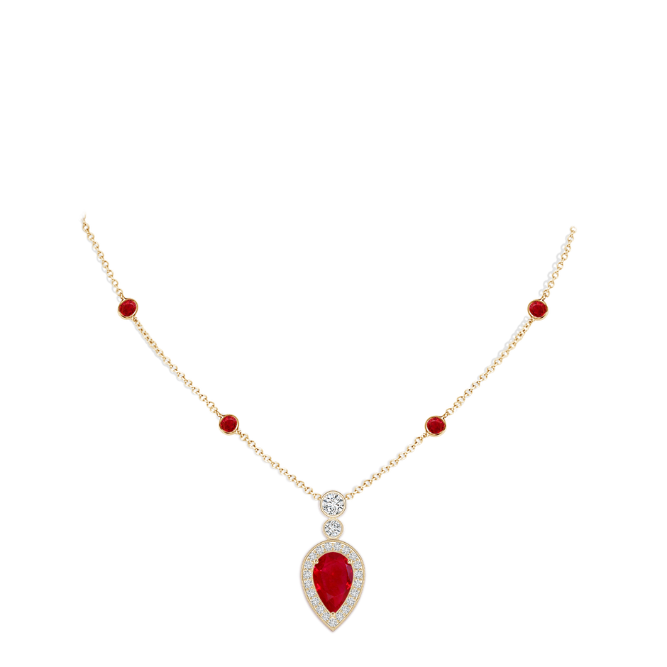 8x5mm AAA Inverted Pear Ruby Necklace with Diamonds in Yellow Gold pen