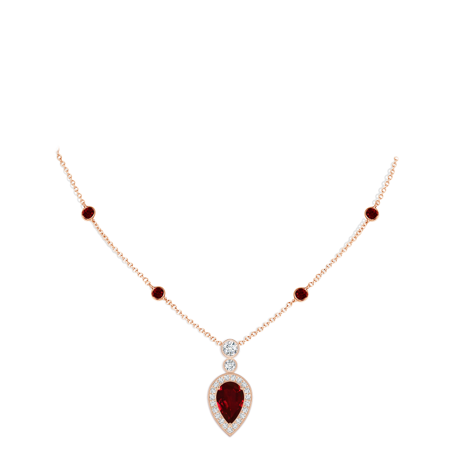 8x5mm AAAA Inverted Pear Ruby Necklace with Diamonds in 18K Rose Gold pen