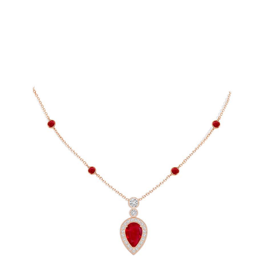 9x6mm AAA Inverted Pear Ruby Necklace with Diamonds in 18K Rose Gold pen