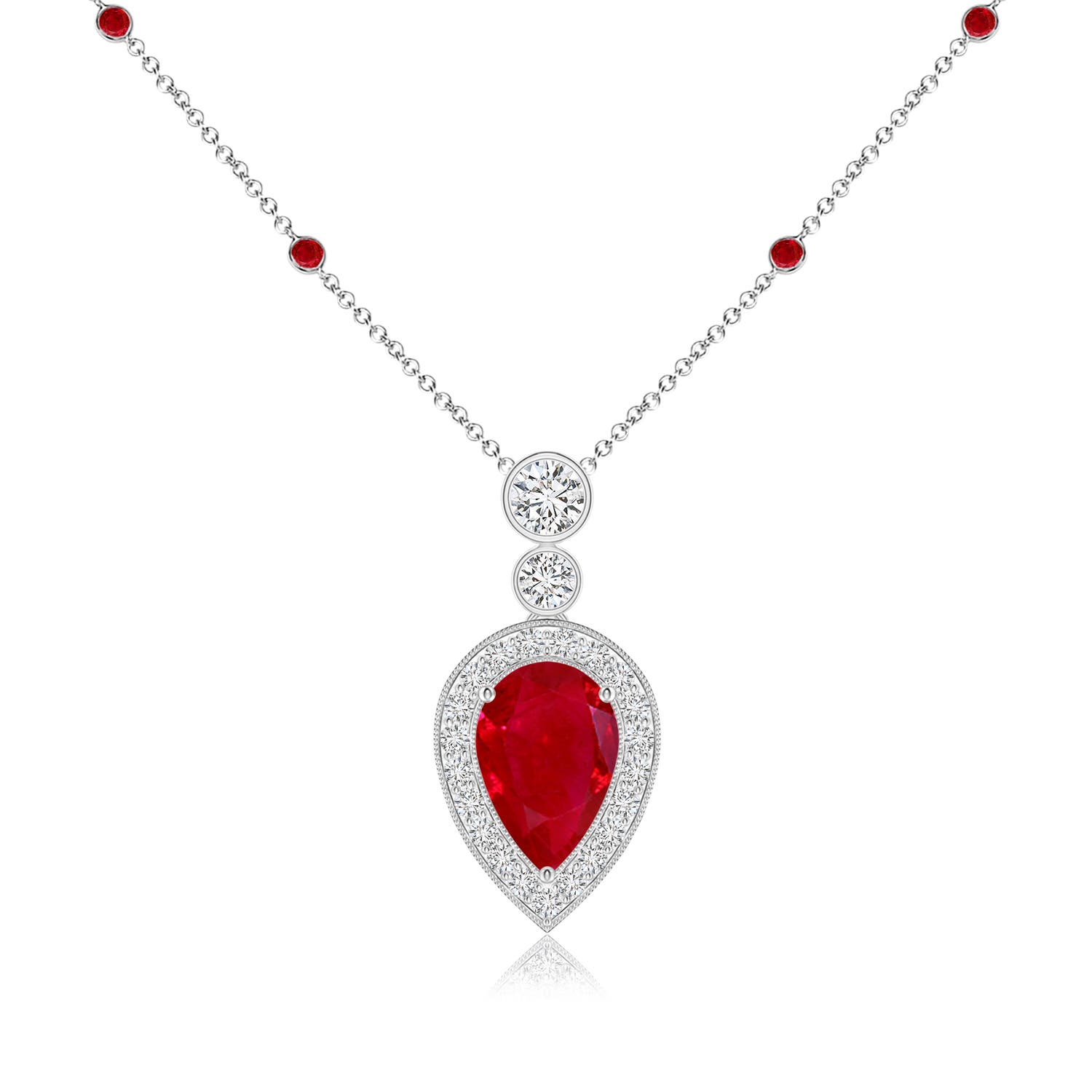 9x6mm AAA Inverted Pear Ruby Necklace with Diamonds in 18K White Gold