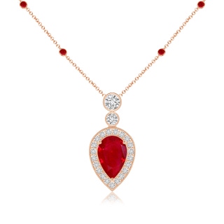 9x6mm AAA Inverted Pear Ruby Necklace with Diamonds in Rose Gold