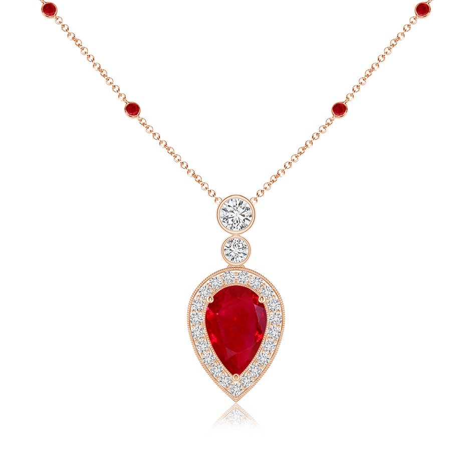 9x6mm AAA Inverted Pear Ruby Necklace with Diamonds in Rose Gold 