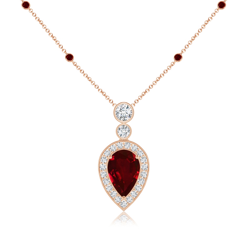 9x6mm AAAA Inverted Pear Ruby Necklace with Diamonds in 18K Rose Gold 