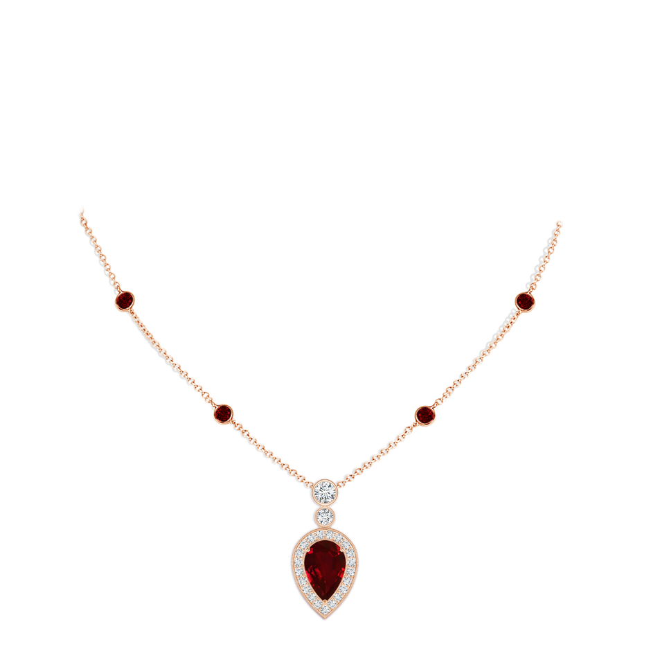 9x6mm AAAA Inverted Pear Ruby Necklace with Diamonds in Rose Gold pen