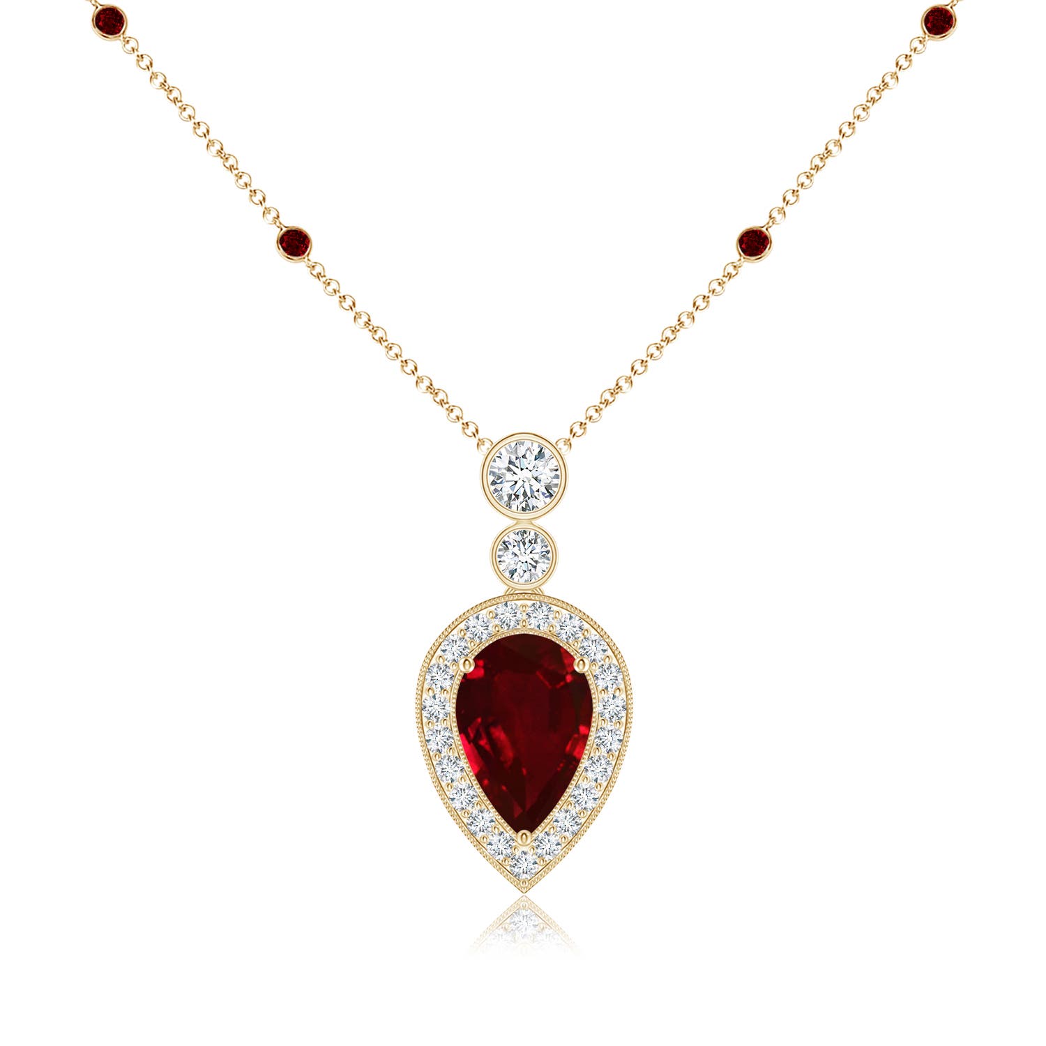 9x6mm AAAA Inverted Pear Ruby Necklace with Diamonds in Yellow Gold