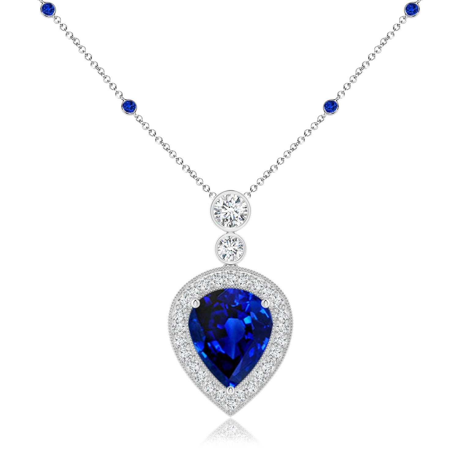 Angara 7.14 CTW Inverted Pear Sapphire Necklace with Diamonds in 18K White Gold