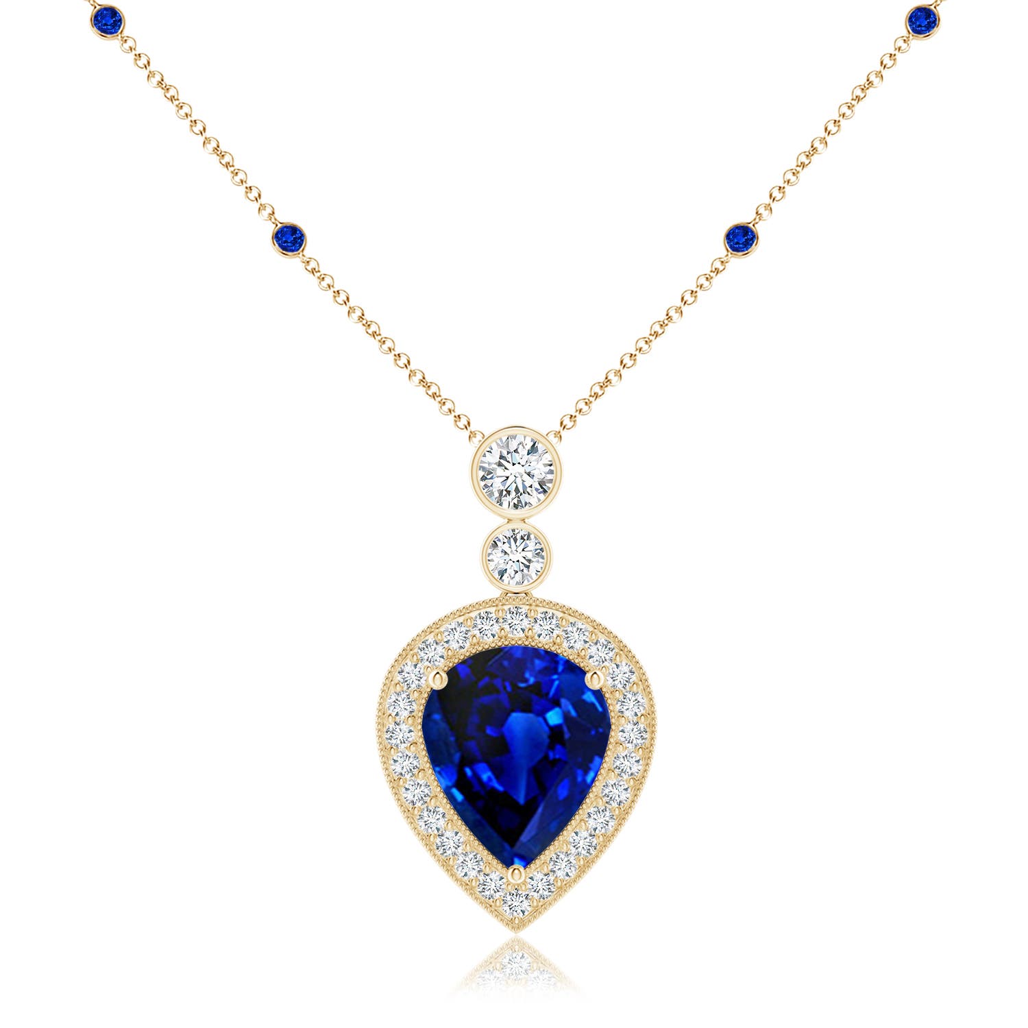 Angara 7.14 CTW Inverted Pear Sapphire Necklace with Diamonds in 14K Yellow Gold