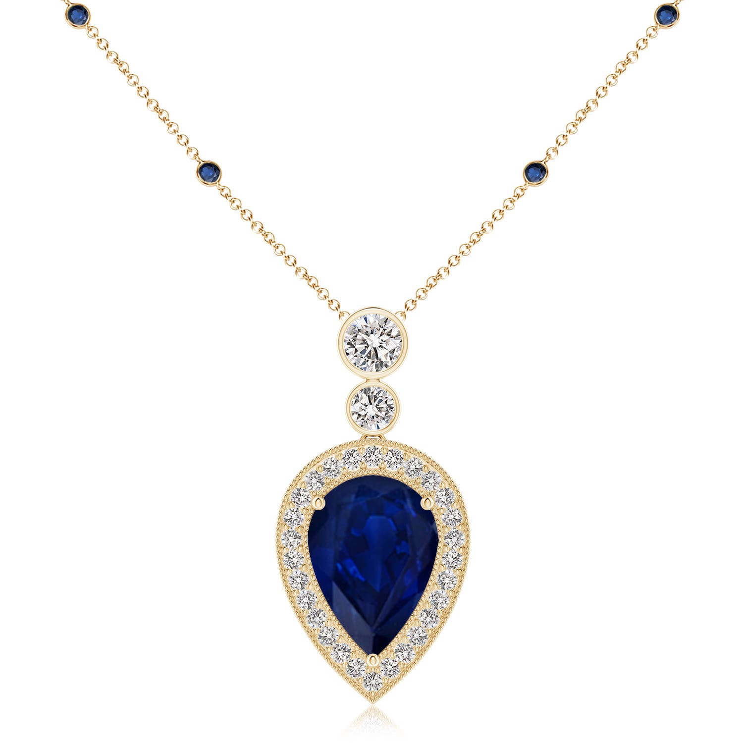 Angara 9.43 CTW Inverted Pear Sapphire Necklace with Diamonds in 14K Yellow Gold
