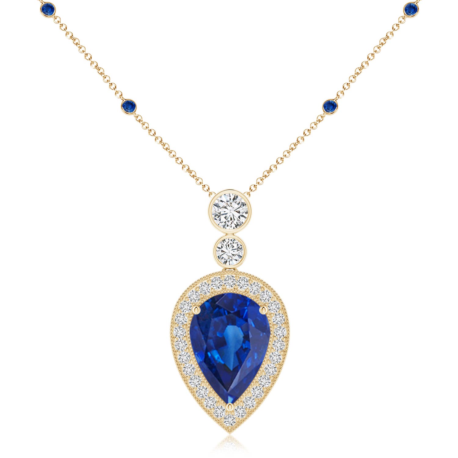 Angara 9.43 CTW Inverted Pear Sapphire Necklace with Diamonds in 18K Yellow Gold