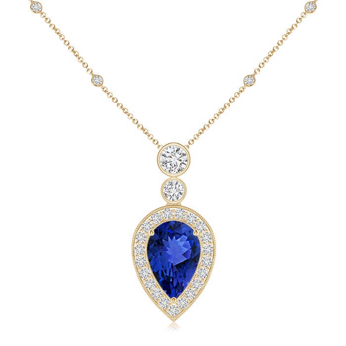 9x6mm AAA Inverted Pear Tanzanite Necklace with Diamonds in Yellow Gold 