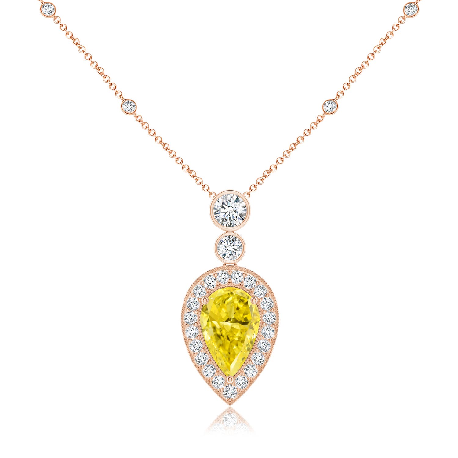 Angara 3.85 CTW Inverted Pear Fancy Intense Yellow Diamond Necklace in 14K Rose Gold
