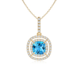 6mm AAA Double Halo Cushion Swiss Blue Topaz Pendant in Yellow Gold