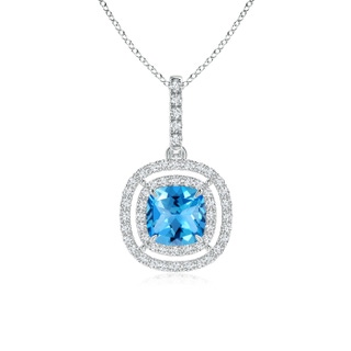 6mm AAAA Double Halo Cushion Swiss Blue Topaz Pendant in 9K White Gold