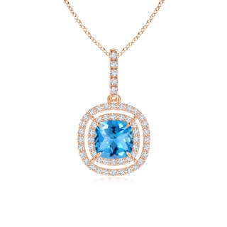 6mm AAAA Double Halo Cushion Swiss Blue Topaz Pendant in Rose Gold