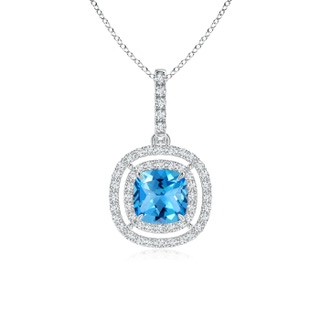 6mm AAAA Double Halo Cushion Swiss Blue Topaz Pendant in White Gold