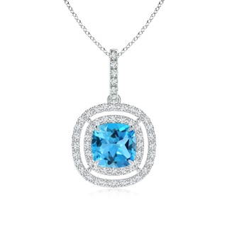 7mm AAA Double Halo Cushion Swiss Blue Topaz Pendant in White Gold