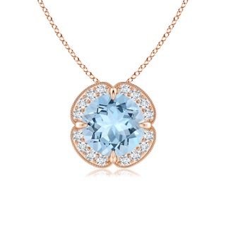 7mm AAA Claw-Set Aquamarine Clover Pendant with Diamond Halo in Rose Gold