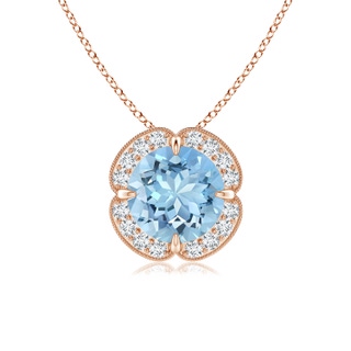 7mm AAAA Claw-Set Aquamarine Clover Pendant with Diamond Halo in 10K Rose Gold