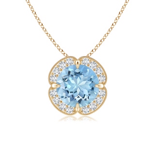 7mm AAAA Claw-Set Aquamarine Clover Pendant with Diamond Halo in Yellow Gold