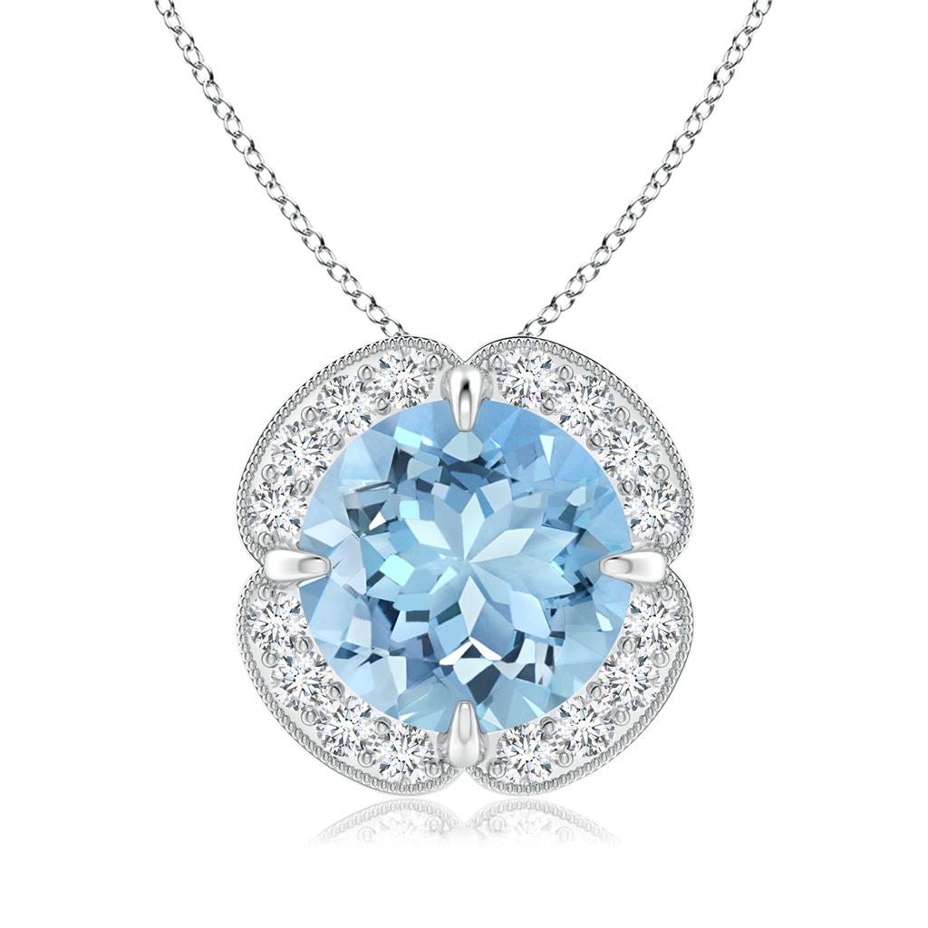 9mm AAAA Claw-Set Aquamarine Clover Pendant with Diamond Halo in White Gold 