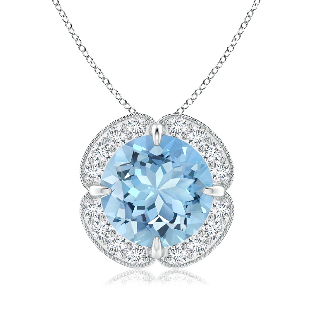 9mm AAAA Claw-Set Aquamarine Clover Pendant with Diamond Halo in White Gold