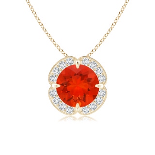 7mm AAAA Claw-Set Fire Opal Clover Pendant with Diamond Halo in Yellow Gold