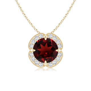 7mm AAA Claw-Set Garnet Clover Pendant with Diamond Halo in Yellow Gold