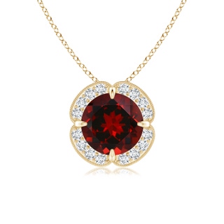 7mm AAAA Claw-Set Garnet Clover Pendant with Diamond Halo in Yellow Gold