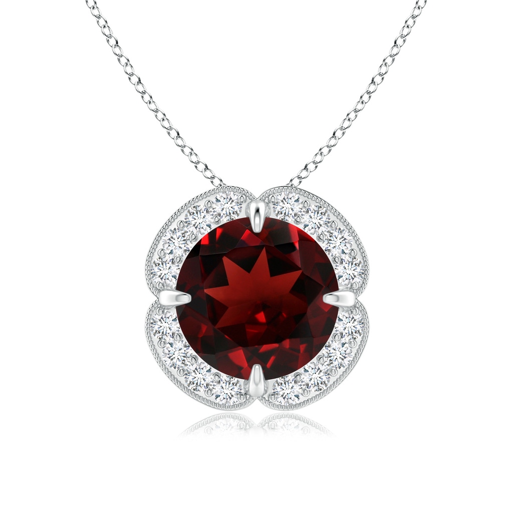 8mm AAA Claw-Set Garnet Clover Pendant with Diamond Halo in White Gold
