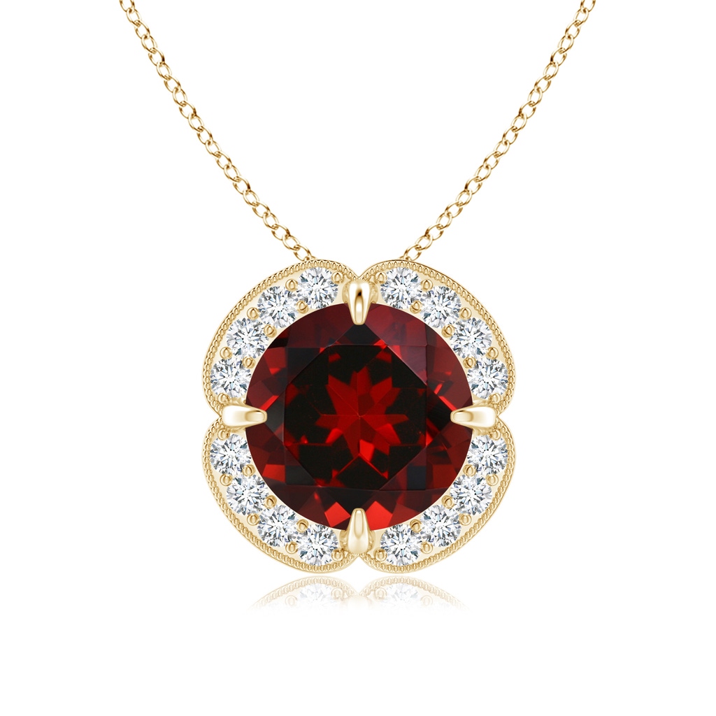 8mm AAAA Claw-Set Garnet Clover Pendant with Diamond Halo in Yellow Gold